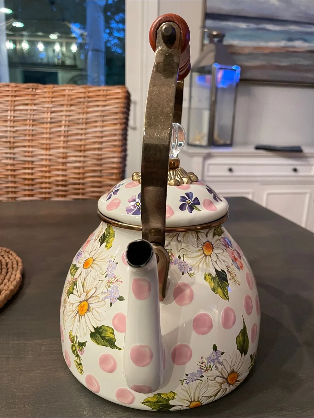 MacKenzie-Childs Pink Polka Dot Floral Enamel Teapot with Wooden Handle